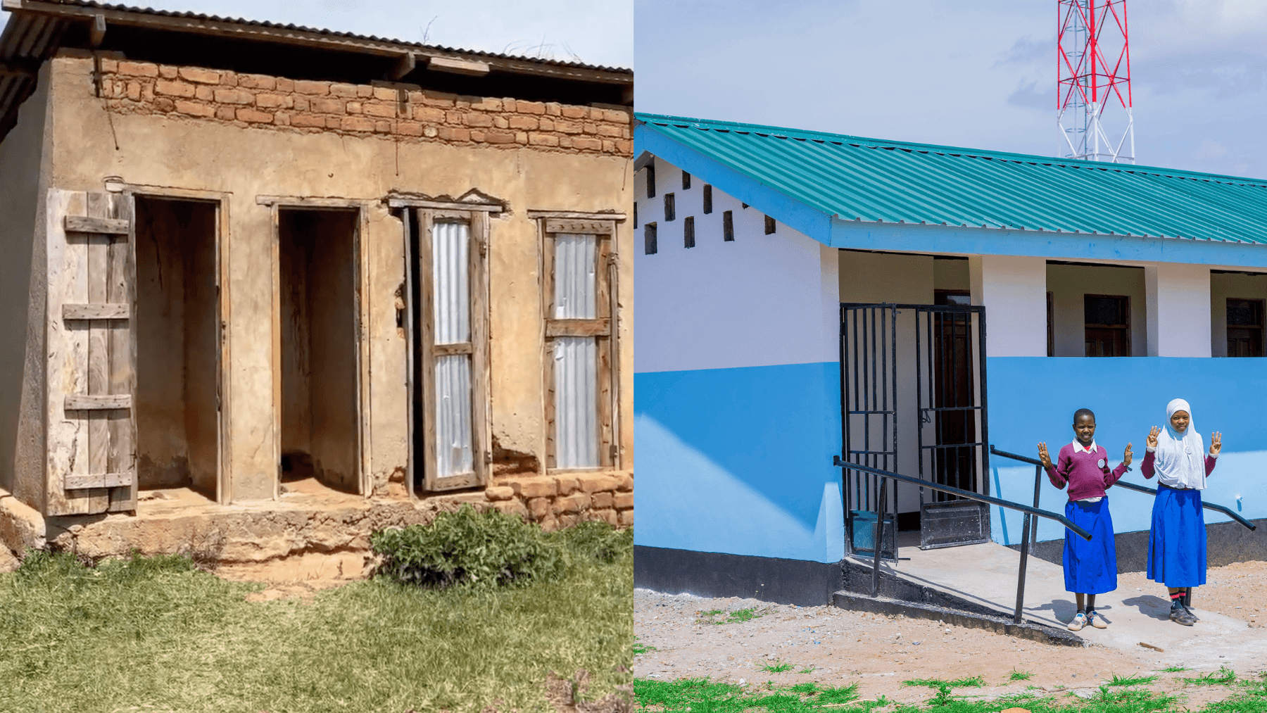 Ett collage av två olika bilder på en toalettbyggnad.